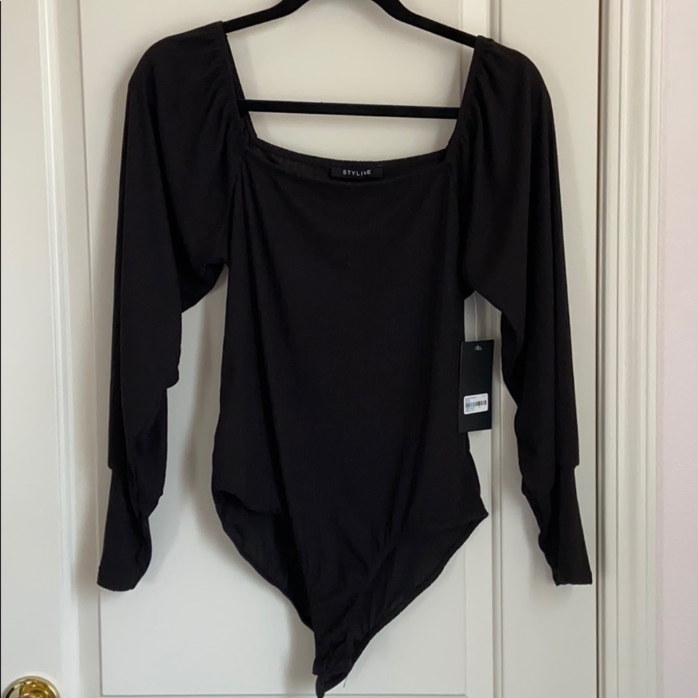 Black Ribbed Balloon Sleeve Bodysuit